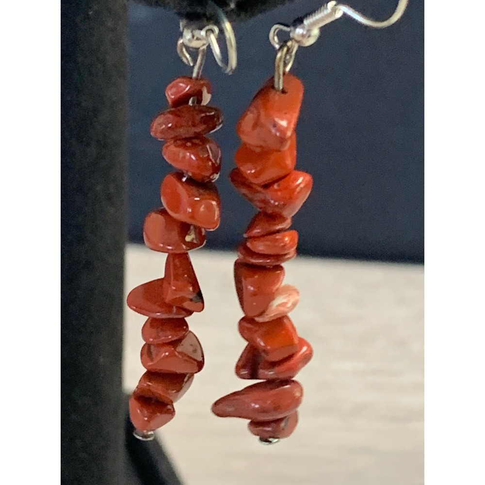 Red Jasper Stone Chip Dangle Earrings Silver Tone Boho Drop 4528